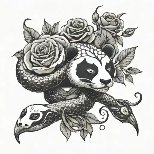 Snake with black roses with panda tattoo design idea