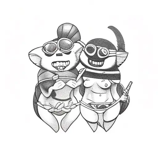 Teemo and morgana with bikini and sexy eating an arepa tattoo design idea