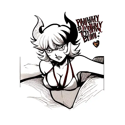 devilman crybaby with a sexy girl in bikini eating strawberry and peaches tattoo design idea