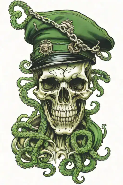 Skull with a green military beret and tentacles hanging from it. Chest - shoulder tattoo design idea