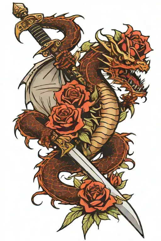 western dragon with roses and a sword in the middle tattoo design idea