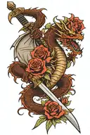 western dragon with roses and a sword in the middle tattoo design idea