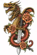 western dragon with roses and a sword in the middle tattoo design idea