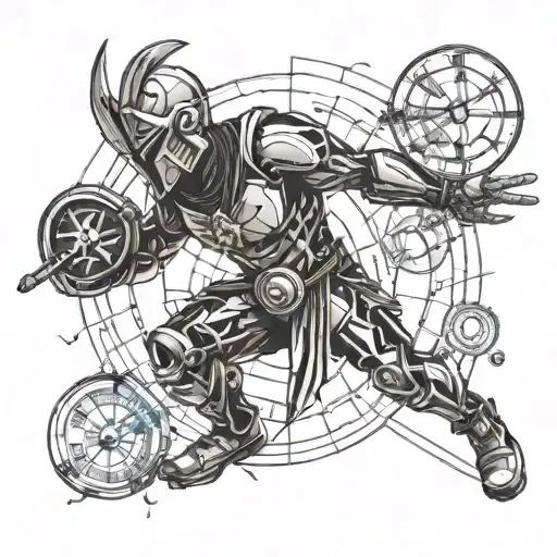 A futuristic cyborg gladiator battling in an arena, incorporating elements of a compass and pocket watch tattoo design idea