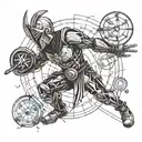 A futuristic cyborg gladiator battling in an arena, incorporating elements of a compass and pocket watch tattoo design idea