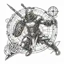 A futuristic cyborg gladiator battling in an arena, incorporating elements of a compass and pocket watch tattoo design idea