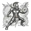 A futuristic cyborg gladiator battling in an arena, incorporating elements of a compass and pocket watch tattoo design idea