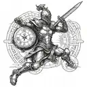 A futuristic cyborg gladiator battling in an arena, incorporating elements of a compass and pocket watch tattoo design idea