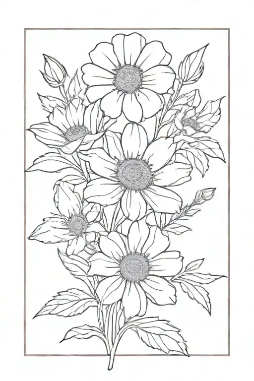aster, daisy, rose, carnation, water lily, marigold, violet, honeysuckle, morning glory, larkspur, poppy tattoo design idea