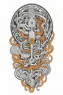 An abstract design of electrical currents flowing through a digital landscape tattoo design idea