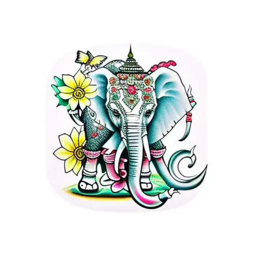 thai Elephant with Dok koon flowers tattoo design idea