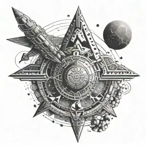 Mayan calendar merging with a futuristic spaceship tattoo design idea