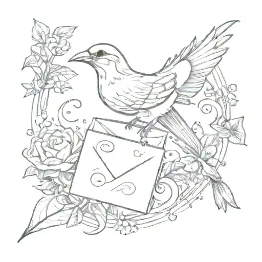 A sketch of a bird carrying a love letter in its beak, surrounded by horoscope symbols tattoo design idea
