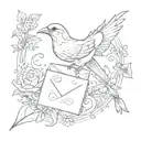 A sketch of a bird carrying a love letter in its beak, surrounded by horoscope symbols tattoo design idea