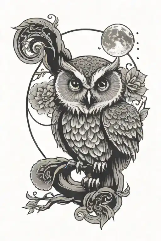 cute owl moon surrounded tattoo design idea