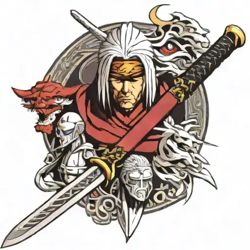 A katana in the center with three character heads aligned along the blade: Raiden Mei, Raiden Shogun and Acheron tattoo design idea
