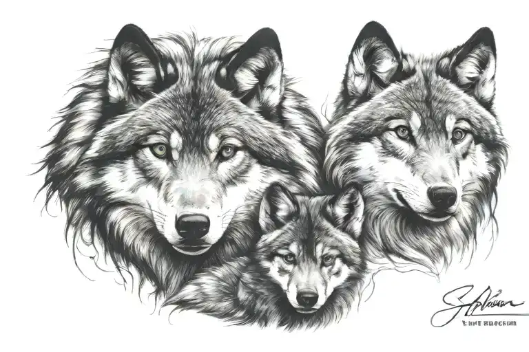 mum wolf 3 young cubs face only tattoo design idea