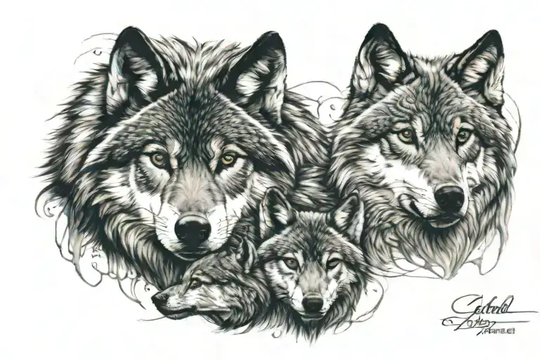 wolf and 3 cubs face only tattoo design idea