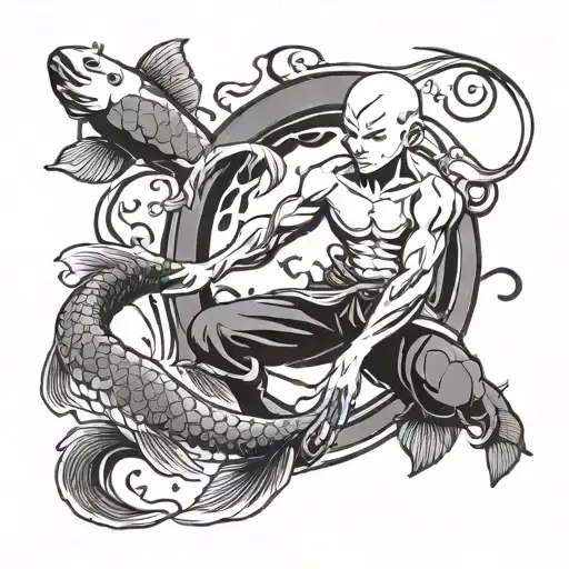 Avatar Aang riding a yin and yang coy fish swimming tattoo design idea
