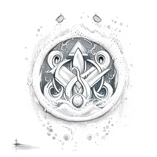 trident, with waves splashing on a roc, in the middle of a lake, in a forest tattoo design idea