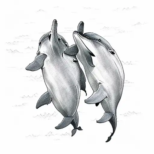 3 dolphins jumping with sunset in background in color tattoo design idea