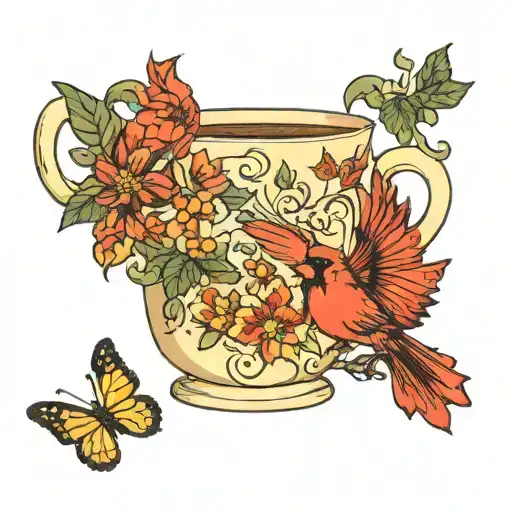 Cottagecore tattoo with a cardinal in a butterfly gold Pyrex mug tattoo design idea