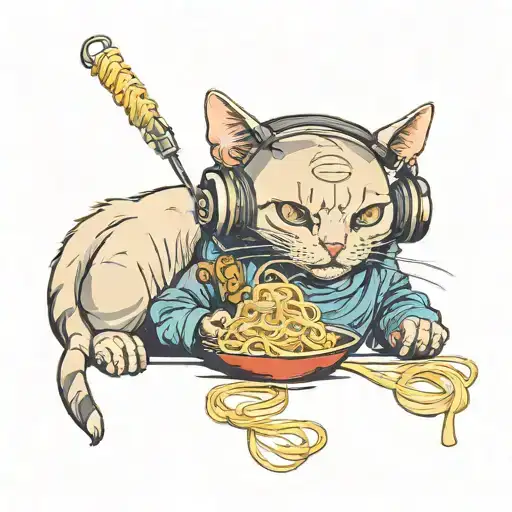 A bald cat with headphones that eats noodles One tattoo design idea