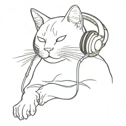 A bald cat with headphones that eats noodles One tattoo design idea