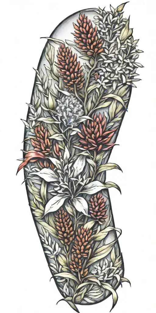 Waratah Kangaroo Paw Banksia Wattle Bottlebrush Sturt’s Desert Pea Eucalyptus leaves tattoo design idea