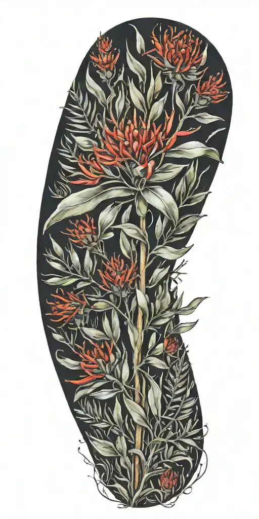 Waratah, Kangaroo Paw, Banksia, Wattle Bottlebrush, Sturt’s Desert Pea, Eucalyptus leaves tattoo design idea