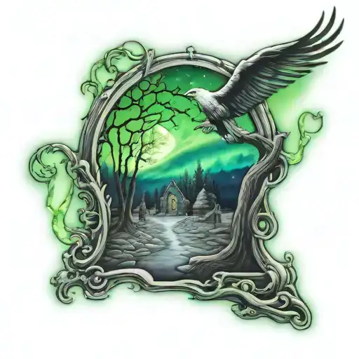 haunted graveyard northern lights shining tattoo design idea