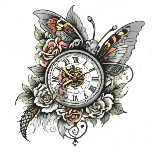 clockface with rabbit and dragon fly on flowers  tattoo design idea