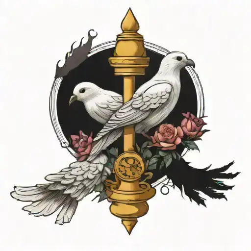 dove and crow perched on hourglass roses intertwined tattoo design idea