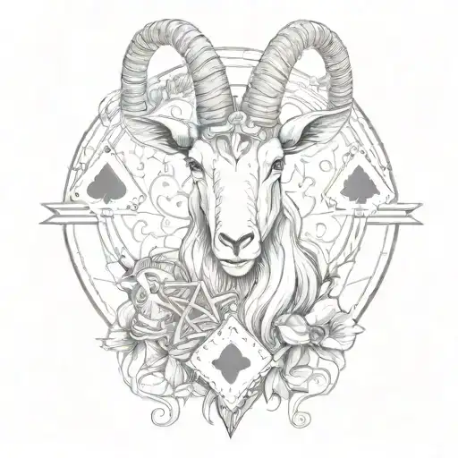 the goat symbolizes greed and passion holds the cards ace and jack against the background of playing chips tattoo design idea