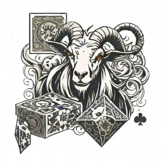 the goat symbolizes greed and passion holds the cards ace and jack against the background of playing chips tattoo design idea