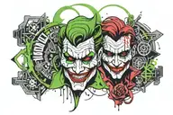 the joker handle anonymous mask, blood and money around tattoo design idea