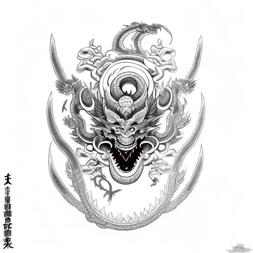 black and white, kokushibo, moon, dragon, flowers, oni mask, katana tattoo design idea