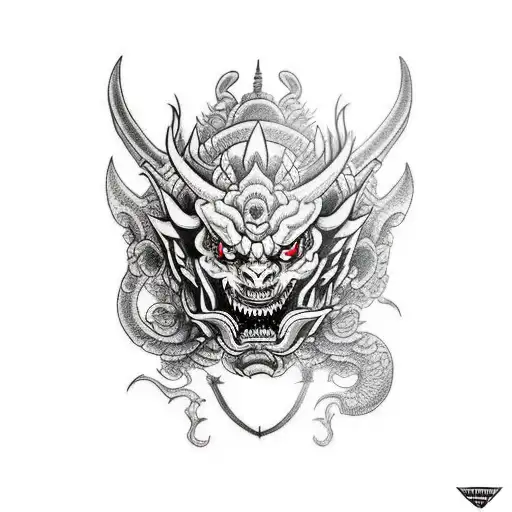 arm tattoo design black and white oni mask, dragon, demon slayer, kokushibo, sword, flowers, japanese traditional, black tattoo design idea