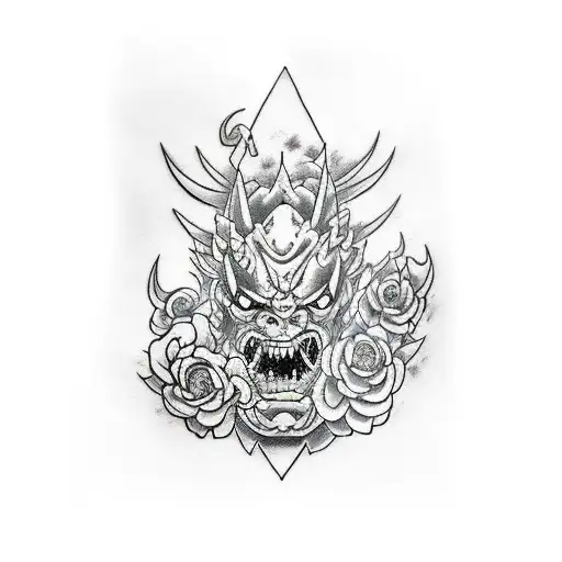 arm tattoo design black and white oni mask, dragon, demon slayer, kokushibo, sword, flowers, japanese traditional, black tattoo design idea
