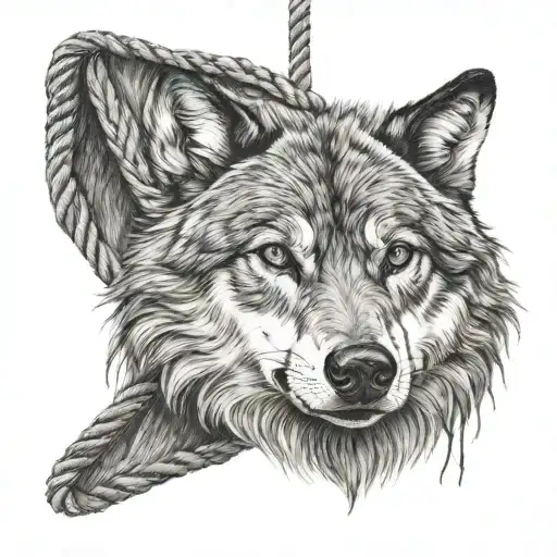 Nordic wolf held in hanging rope tattoo design idea