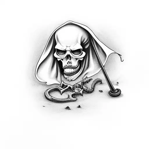 Grim Reaper, with Hourglass infront of locked/gated path leading to riches tattoo    tattoo design idea