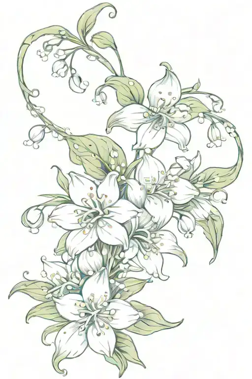 lily of the valley flower, strawberry vine wrapping, stars and sparkles, hearts, ribbon tattoo design idea