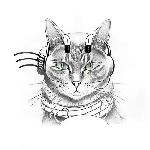 Japanese cat with headphones tattoo design idea