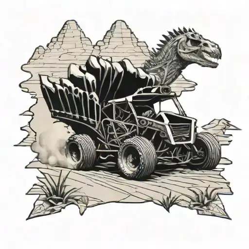 A sprint car racing through a desert landscape made of dinosaur bones tattoo design idea