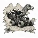A sprint car racing through a desert landscape made of dinosaur bones tattoo design idea