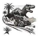A sprint car racing through a desert landscape made of dinosaur bones tattoo design idea
