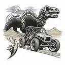 A sprint car racing through a desert landscape made of dinosaur bones tattoo design idea