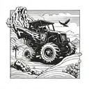 A sprint car racing through a desert landscape made of dinosaur bones tattoo design idea