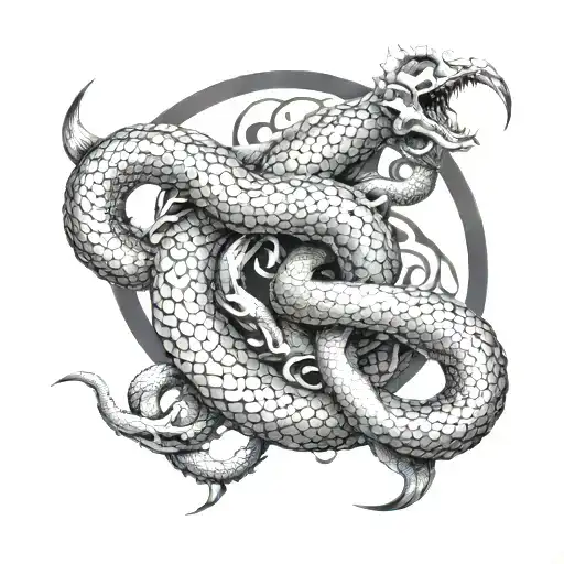 An intricate design of demons and serpents intertwined in a black-grey style tattoo, symbolizing the night tattoo design idea