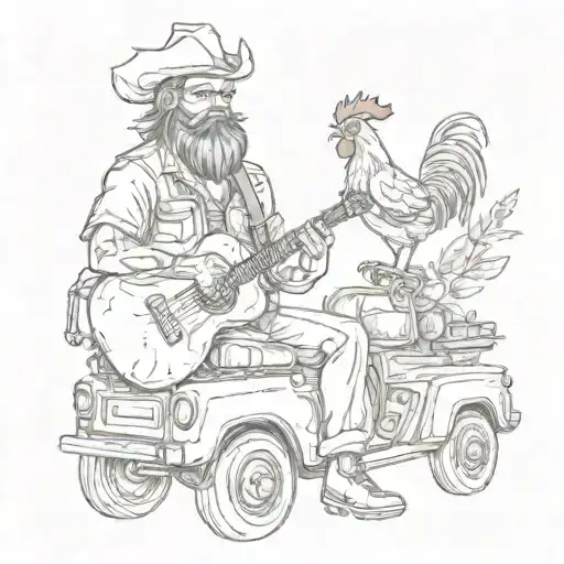 A truck driver playing a guitar with a rooster perched on their shoulder tattoo design idea